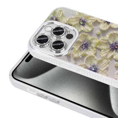 Apple iPhone 15 Pro Case Flower Patterned Shiny Stone Hard Silicone Zore Garden Cover - 14