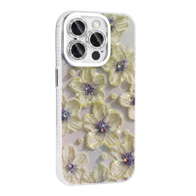 Apple iPhone 15 Pro Case Flower Patterned Shiny Stone Hard Silicone Zore Garden Cover - 15