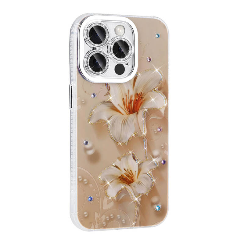 Apple iPhone 15 Pro Case Flower Patterned Shiny Stone Hard Silicone Zore Garden Cover - 17