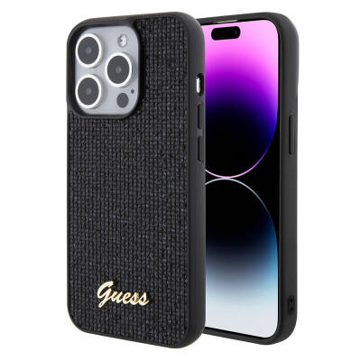 Apple iPhone 15 Pro Case Guess Original Licensed Disco Script Metal Cover with Text Logo - 1