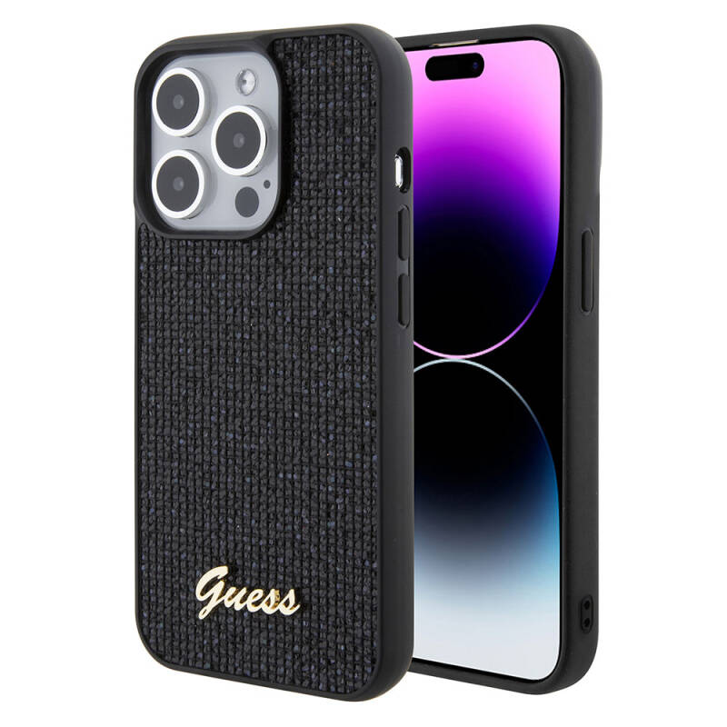 Apple iPhone 15 Pro Case Guess Original Licensed Disco Script Metal Cover with Text Logo - 1