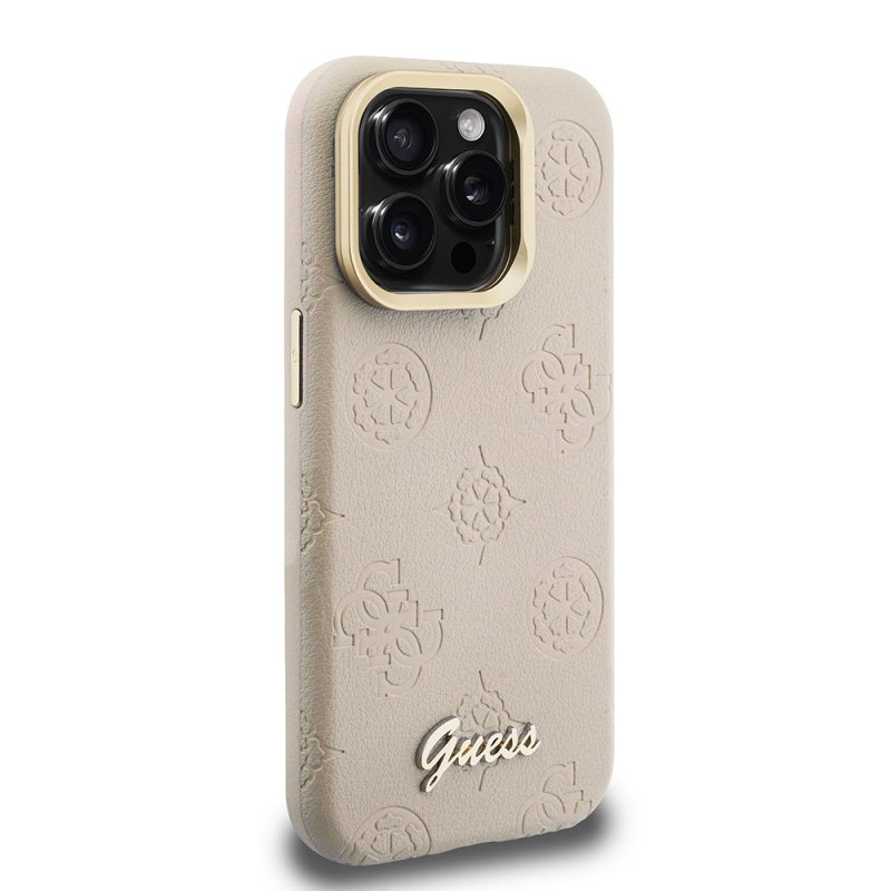 Apple iPhone 15 Pro Case Guess Original Licensed M-safe Charging Feature Hot Printed Text Logo Camera Stand PU Leather Peony Cover - 7