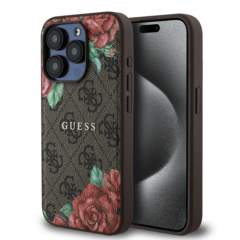 Apple iPhone 15 Pro Case Guess Original Licensed Magsafe Charging Feature Rose Printed 4G Patterned Text Logo Cover - 1