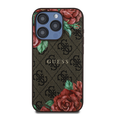 Apple iPhone 15 Pro Case Guess Original Licensed Magsafe Charging Feature Rose Printed 4G Patterned Text Logo Cover - 5