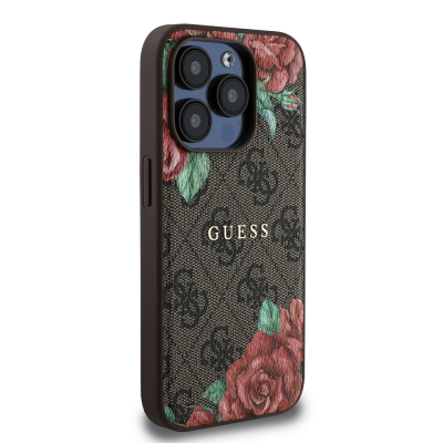 Apple iPhone 15 Pro Case Guess Original Licensed Magsafe Charging Feature Rose Printed 4G Patterned Text Logo Cover - 6