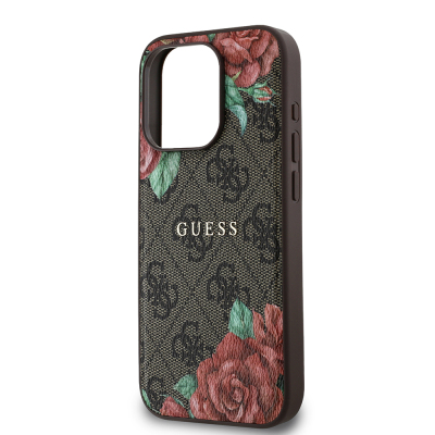 Apple iPhone 15 Pro Case Guess Original Licensed Magsafe Charging Feature Rose Printed 4G Patterned Text Logo Cover - 8