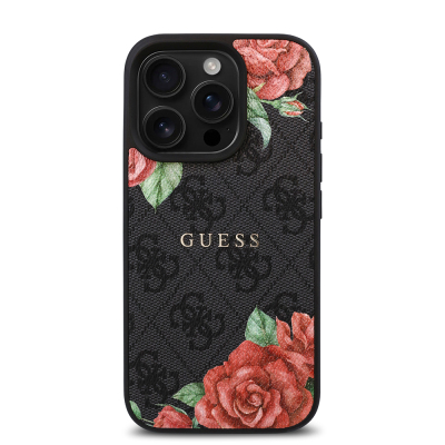 Apple iPhone 15 Pro Case Guess Original Licensed Magsafe Charging Feature Rose Printed 4G Patterned Text Logo Cover - 12