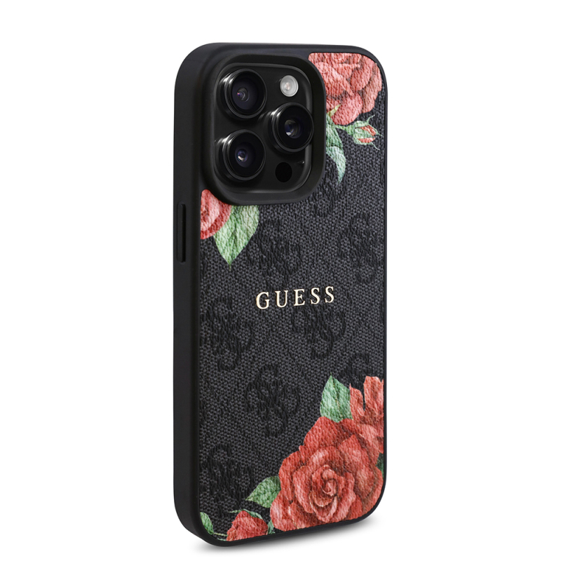 Apple iPhone 15 Pro Case Guess Original Licensed Magsafe Charging Feature Rose Printed 4G Patterned Text Logo Cover - 13