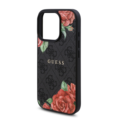 Apple iPhone 15 Pro Case Guess Original Licensed Magsafe Charging Feature Rose Printed 4G Patterned Text Logo Cover - 15