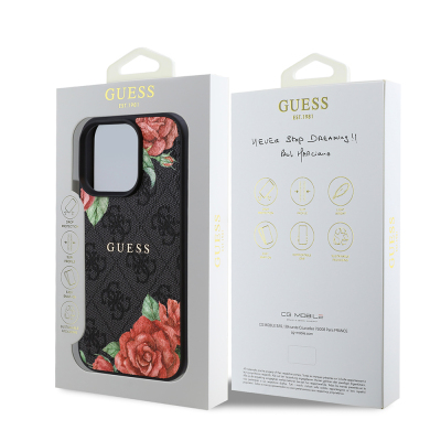 Apple iPhone 15 Pro Case Guess Original Licensed Magsafe Charging Feature Rose Printed 4G Patterned Text Logo Cover - 17