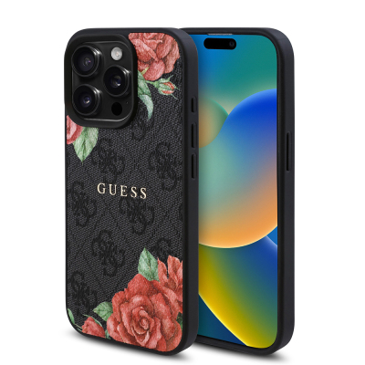 Apple iPhone 15 Pro Case Guess Original Licensed Magsafe Charging Feature Rose Printed 4G Patterned Text Logo Cover - 3