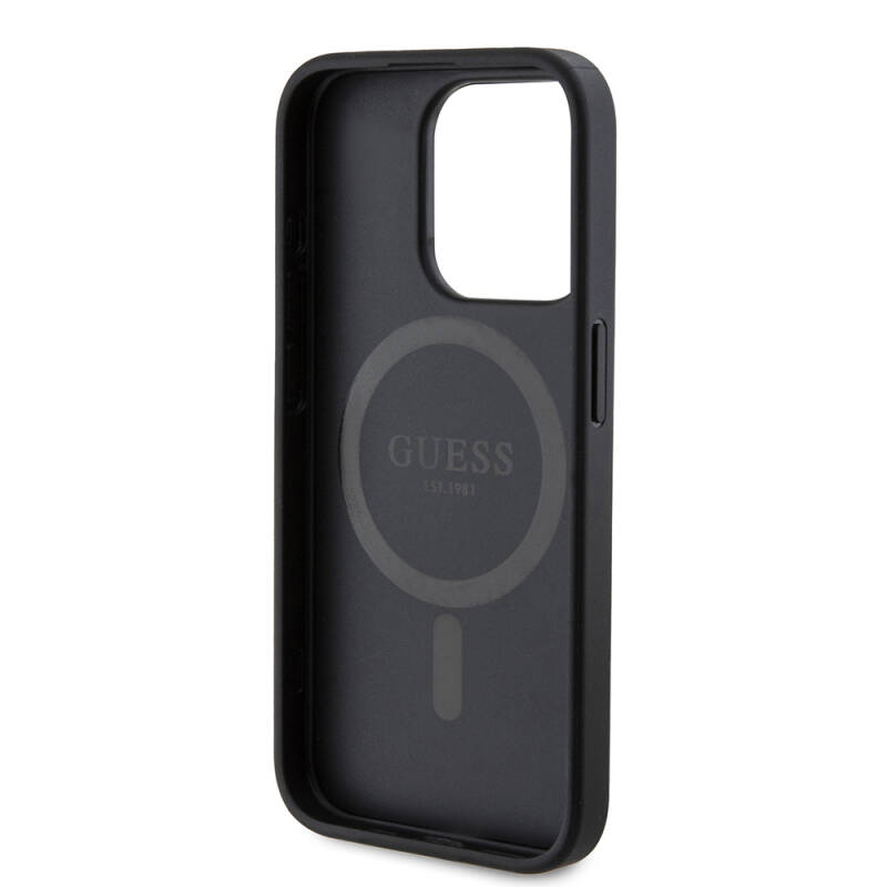 Apple iPhone 15 Pro Case Guess Original Licensed Magsafe Charging Featured PU Ring 4G Patterned Text Logo Cover - 7