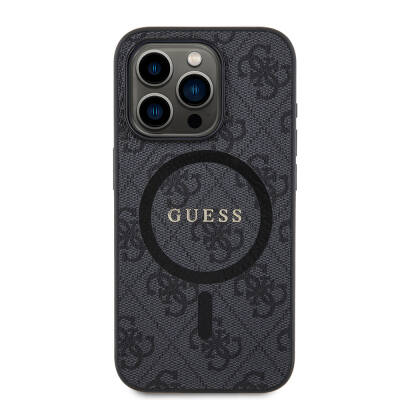 Apple iPhone 15 Pro Case Guess Original Licensed Magsafe Charging Featured PU Ring 4G Patterned Text Logo Cover - 9