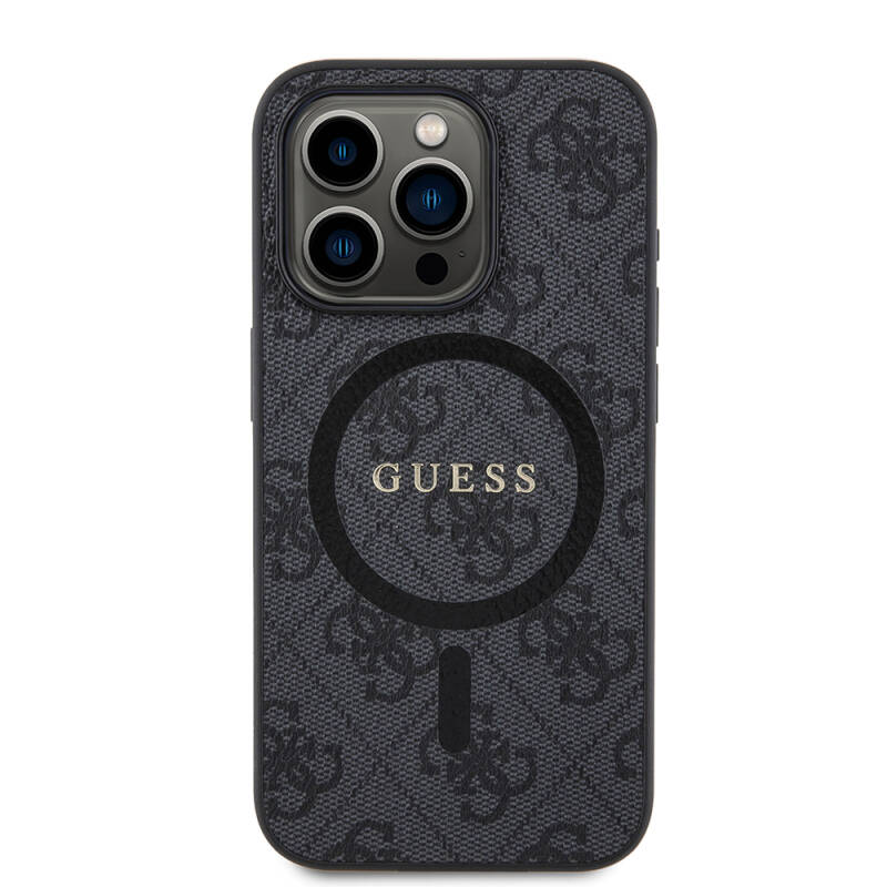 Apple iPhone 15 Pro Case Guess Original Licensed Magsafe Charging Featured PU Ring 4G Patterned Text Logo Cover - 9