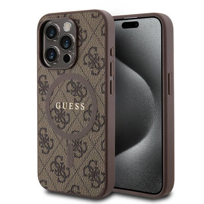 Apple iPhone 15 Pro Case Guess Original Licensed Magsafe Charging Featured PU Ring 4G Patterned Text Logo Cover - 1