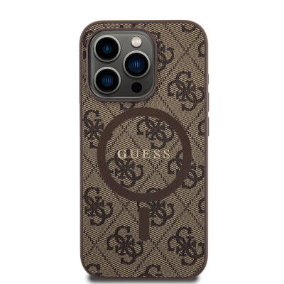 Apple iPhone 15 Pro Case Guess Original Licensed Magsafe Charging Featured PU Ring 4G Patterned Text Logo Cover - 16