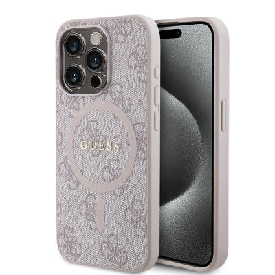 Apple iPhone 15 Pro Case Guess Original Licensed Magsafe Charging Featured PU Ring 4G Patterned Text Logo Cover - 17