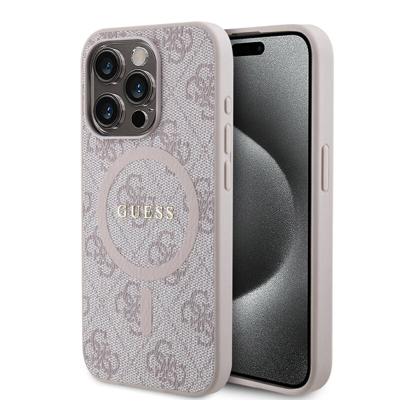 Apple iPhone 15 Pro Case Guess Original Licensed Magsafe Charging Featured PU Ring 4G Patterned Text Logo Cover - 17