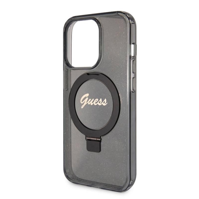 Apple iPhone 15 Pro Case Guess Original Licensed Magsafe Charging Featured Silvery Back Surface Ring Stand Cover - 6