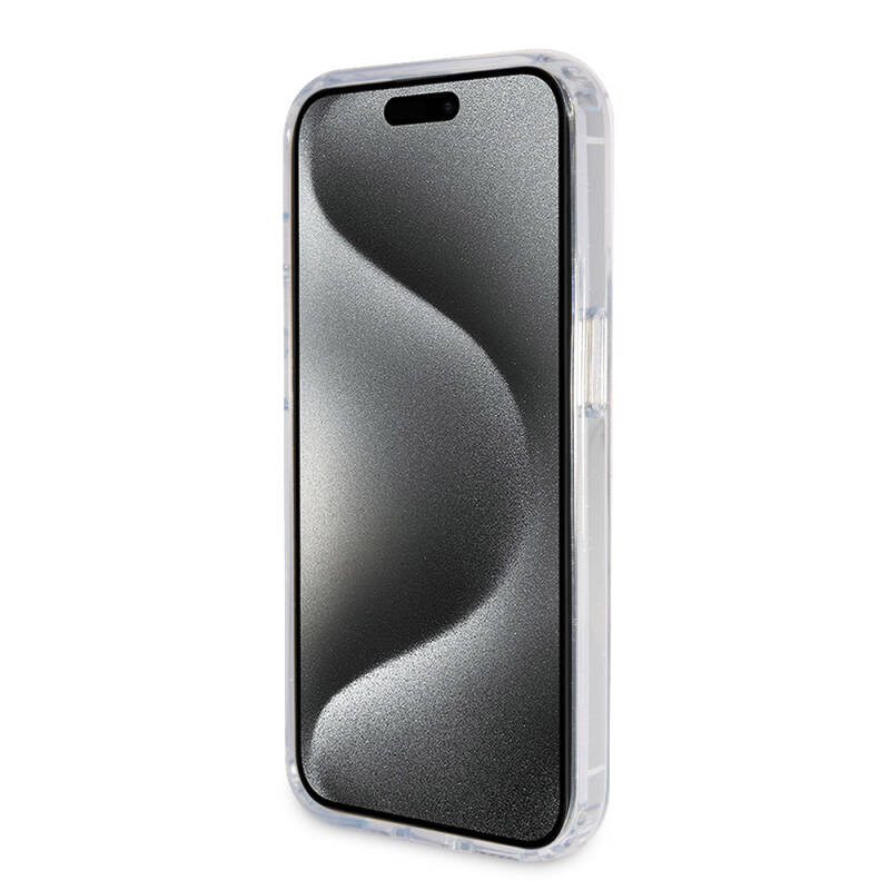 Apple iPhone 15 Pro Case Guess Original Licensed Magsafe Charging Featured Silvery Back Surface Ring Stand Cover - 14