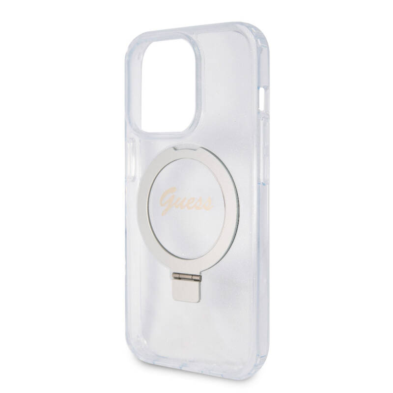 Apple iPhone 15 Pro Case Guess Original Licensed Magsafe Charging Featured Silvery Back Surface Ring Stand Cover - 15