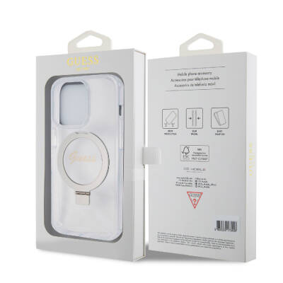 Apple iPhone 15 Pro Case Guess Original Licensed Magsafe Charging Featured Silvery Back Surface Ring Stand Cover - 17