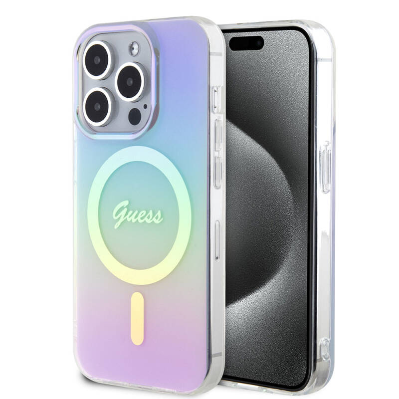 Apple iPhone 15 Pro Case Guess Original Licensed Magsafe Iridescent Cover with Charging Feature and Text Logo - 1