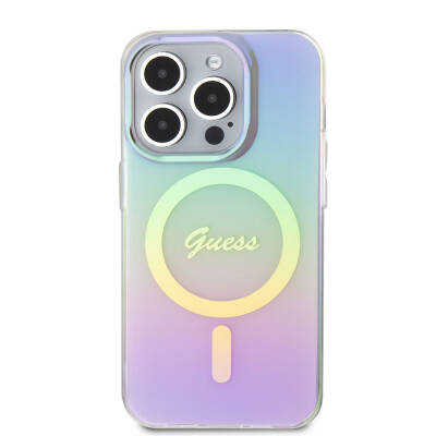 Apple iPhone 15 Pro Case Guess Original Licensed Magsafe Iridescent Cover with Charging Feature and Text Logo - 3