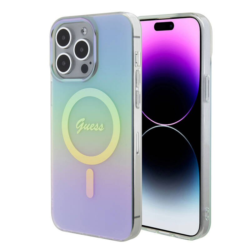 Apple iPhone 15 Pro Case Guess Original Licensed Magsafe Iridescent Cover with Charging Feature and Text Logo - 9