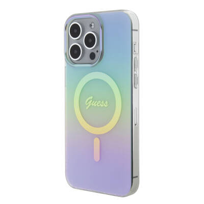 Apple iPhone 15 Pro Case Guess Original Licensed Magsafe Iridescent Cover with Charging Feature and Text Logo - 10