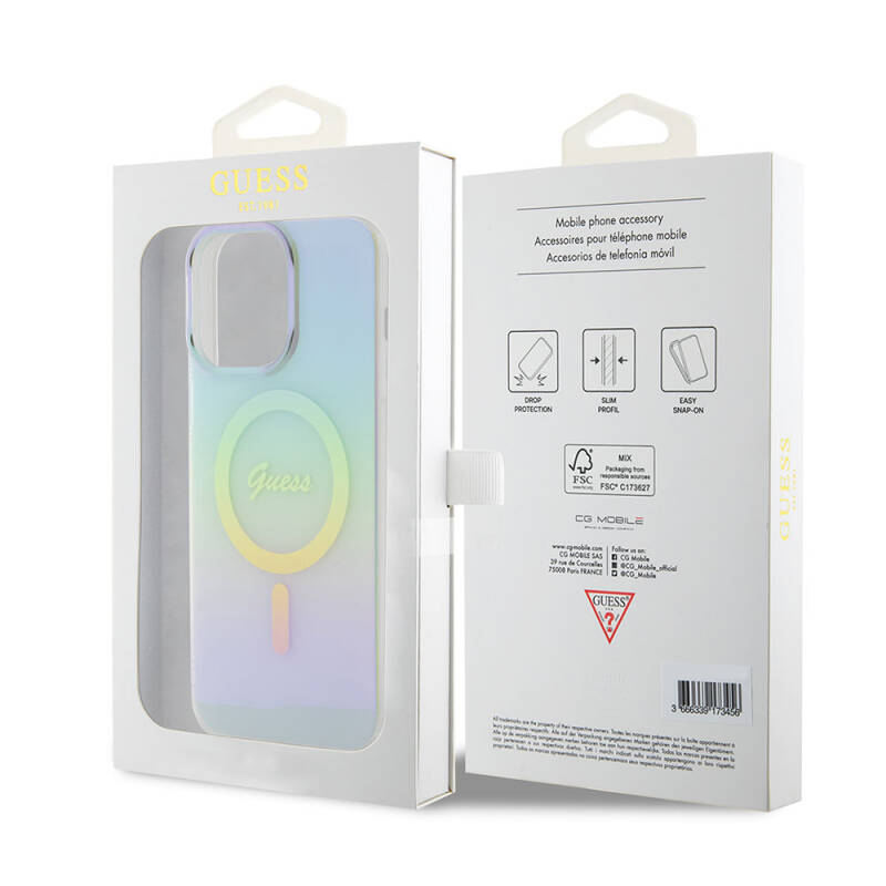 Apple iPhone 15 Pro Case Guess Original Licensed Magsafe Iridescent Cover with Charging Feature and Text Logo - 15