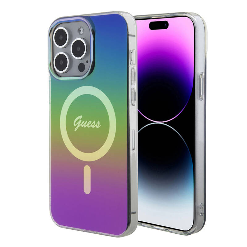 Apple iPhone 15 Pro Case Guess Original Licensed Magsafe Iridescent Cover with Charging Feature and Text Logo - 17