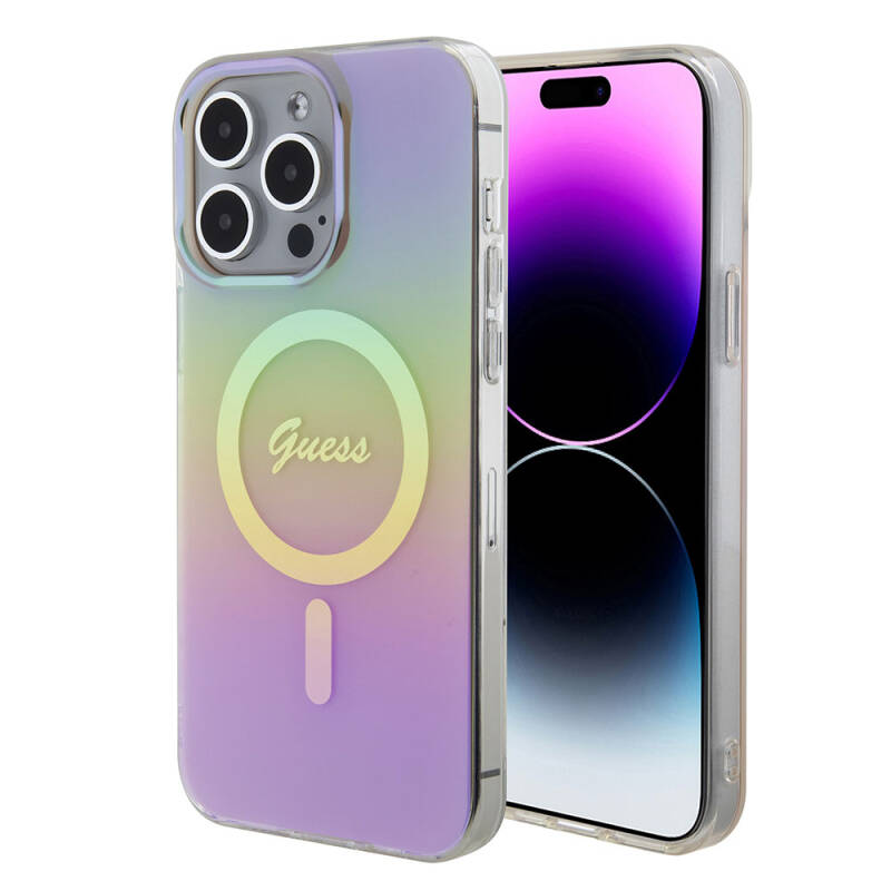 Apple iPhone 15 Pro Case Guess Original Licensed Magsafe Iridescent Cover with Charging Feature and Text Logo - 25