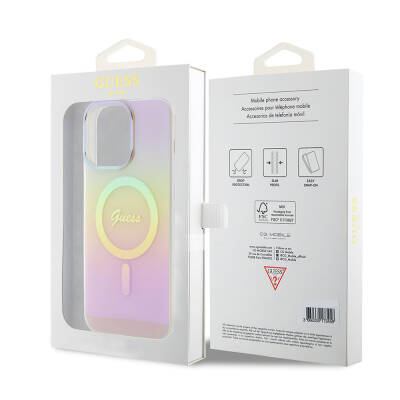 Apple iPhone 15 Pro Case Guess Original Licensed Magsafe Iridescent Cover with Charging Feature and Text Logo - 31