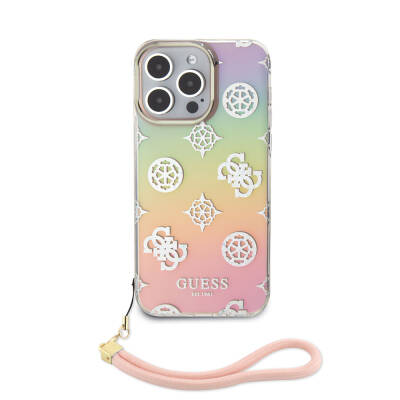 Apple iPhone 15 Pro Case Guess Original Licensed Patterned Text Logo Holographic Glitter Peony Cover with Strap String - 3