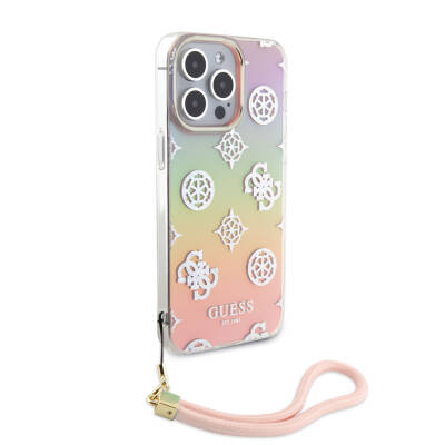 Apple iPhone 15 Pro Case Guess Original Licensed Patterned Text Logo Holographic Glitter Peony Cover with Strap String - 1