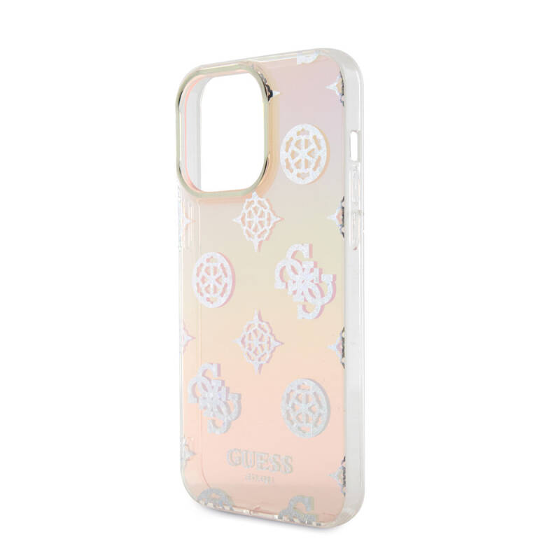 Apple iPhone 15 Pro Case Guess Original Licensed Patterned Text Logo Holographic Glitter Peony Cover with Strap String - 5