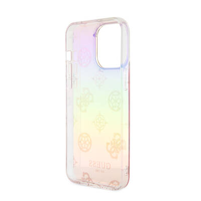 Apple iPhone 15 Pro Case Guess Original Licensed Patterned Text Logo Holographic Glitter Peony Cover with Strap String - 6