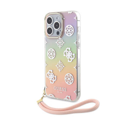 Apple iPhone 15 Pro Case Guess Original Licensed Patterned Text Logo Holographic Glitter Peony Cover with Strap String - 2