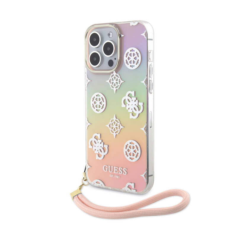 Apple iPhone 15 Pro Case Guess Original Licensed Patterned Text Logo Holographic Glitter Peony Cover with Strap String - 2