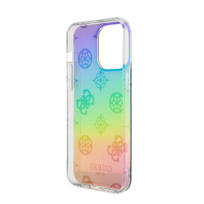 Apple iPhone 15 Pro Case Guess Original Licensed Patterned Text Logo Holographic Glitter Peony Cover with Strap String - 13