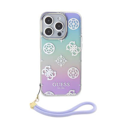 Apple iPhone 15 Pro Case Guess Original Licensed Patterned Text Logo Holographic Glitter Peony Cover with Strap String - 16