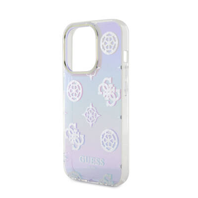 Apple iPhone 15 Pro Case Guess Original Licensed Patterned Text Logo Holographic Glitter Peony Cover with Strap String - 19