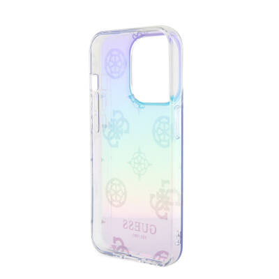 Apple iPhone 15 Pro Case Guess Original Licensed Patterned Text Logo Holographic Glitter Peony Cover with Strap String - 20