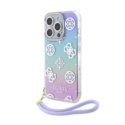 Apple iPhone 15 Pro Case Guess Original Licensed Patterned Text Logo Holographic Glitter Peony Cover with Strap String - 15