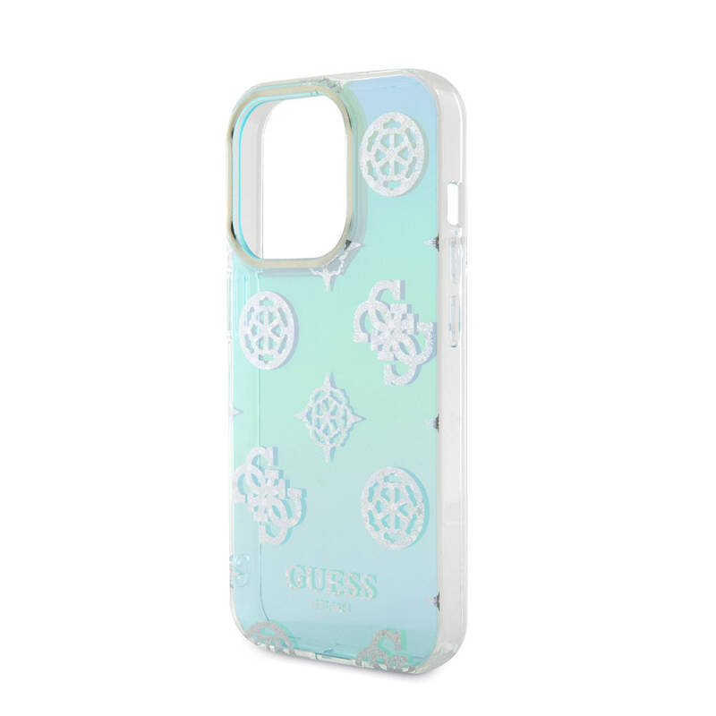 Apple iPhone 15 Pro Case Guess Original Licensed Patterned Text Logo Holographic Glitter Peony Cover with Strap String - 26