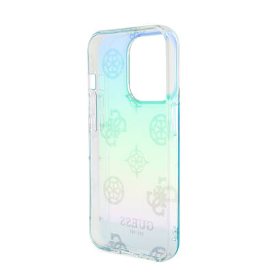 Apple iPhone 15 Pro Case Guess Original Licensed Patterned Text Logo Holographic Glitter Peony Cover with Strap String - 27