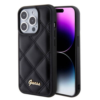 Apple iPhone 15 Pro Case Guess Original Licensed PU Leather Metal Text Logo Quilted Cover - 9