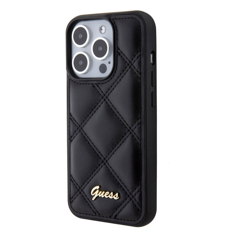 Apple iPhone 15 Pro Case Guess Original Licensed PU Leather Metal Text Logo Quilted Cover - 10