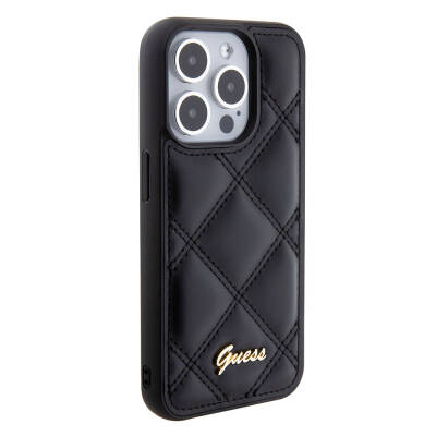 Apple iPhone 15 Pro Case Guess Original Licensed PU Leather Metal Text Logo Quilted Cover - 16